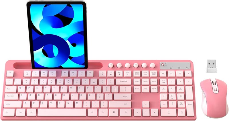 MARVO Wireless Keyboard and Mouse Combo, 2.4G Ergonomic Wireless Computer Keyboard with Phone Tablet Holder, Silent Mouse with 6 Button, Compatible with MacBook, Windows (Sakura Pink) - Image 1